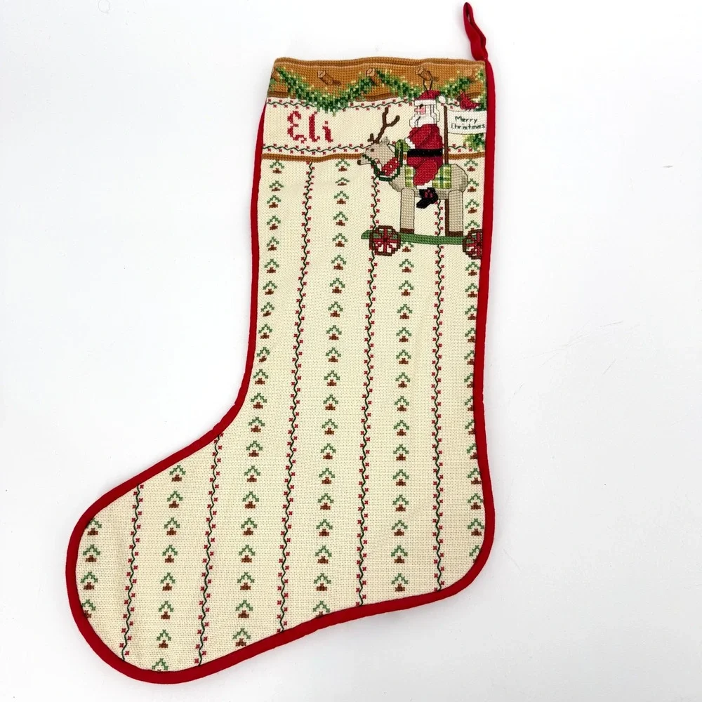 Handmade Cross stitch Christmas‎ Stocking Santa on Reindeer Design Eli